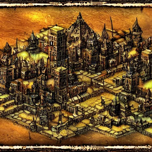 Prompt: planescape: torment art style city concept