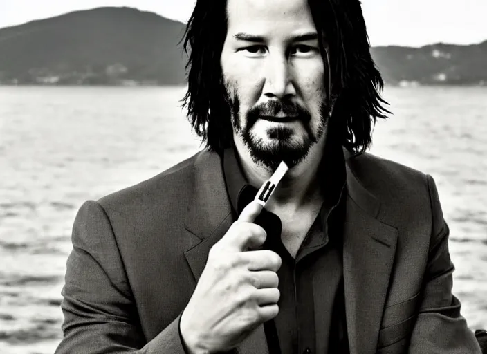 Image similar to close up portrait photograph of Keanu Reeves!!! Smoking a cigarette, symmetric face!!! ((Symmetric round eyes!!! )) . Wavy long hair. He looks directly at the camera. Slightly open mouth, face takes up half of the photo. an ocean visible in the background. 55mm nikon. Intricate.