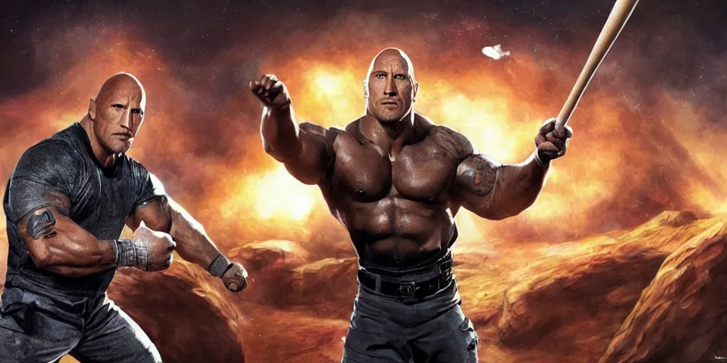 Image similar to concept art of dwayne johnson with a baseball bat fighting an orange dragon outside a space station