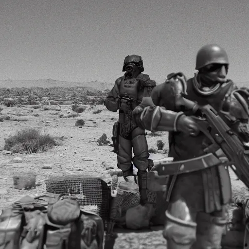 Image similar to cinematic shot of a group of fallout NCR soldiers holding rifles standing outside of a gas station in the desert, 8k, dslr, depth of field,