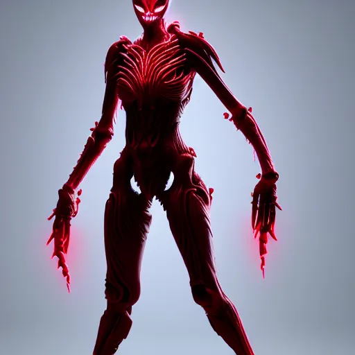 Image similar to stunning symmetric full body character image, woman, predator, Protoss, human, Tsutomu Nihei, 3d octane render, unreal engine, hyper realistic, realistic, white bone armor, soft illumination, human facial features, surrounded in red glowing tendrils of whispy smoke, trending artstation, 4K, insane