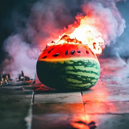 Image similar to photo of a watermelon on fire in a bar