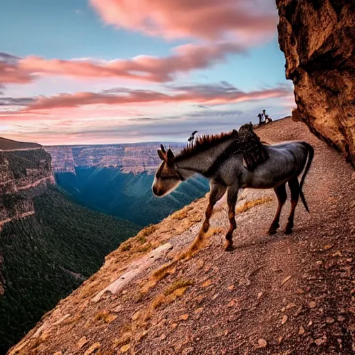 Image similar to an amazing portrait of a donkey on a slim rocky path at the edge of a cliff, rocky mountains in the background, sunset sky, wild life photography, national geographic, award winning, cinematic lighting, highly detailed