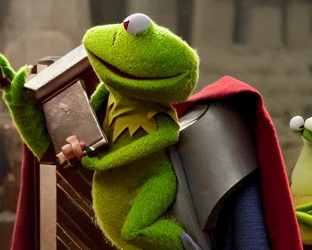 Image similar to a still from the movie Thor: Love and thunder with Kermit the muppet frog playing Thor