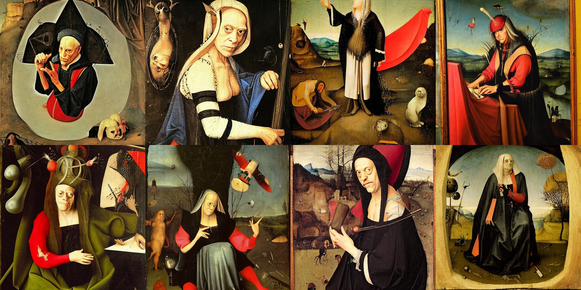 Prompt: Renaissance portrait of Genesis P-Orridge performing on stage, painted by Hieronymus Bosch