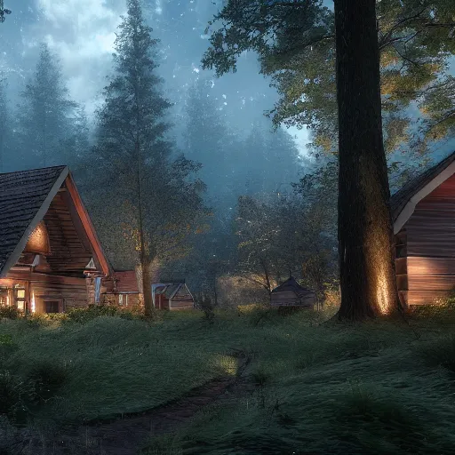 Image similar to forest with houses, hd, hdr, unreal engine 5, cinematic, 4k wallpaper, 8k, ultra detailed, high resolution, artstation,