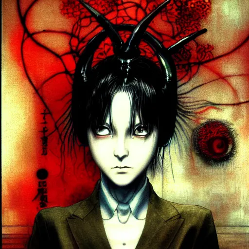 Image similar to yoshitaka amano blurred and dreamy realistic three quarter angle horror portrait of a sinister young woman with short hair, horns and red eyes wearing office suit with tie, junji ito abstract patterns in the background, satoshi kon anime, noisy film grain effect, highly detailed, renaissance oil painting, weird portrait angle, blurred lost edges