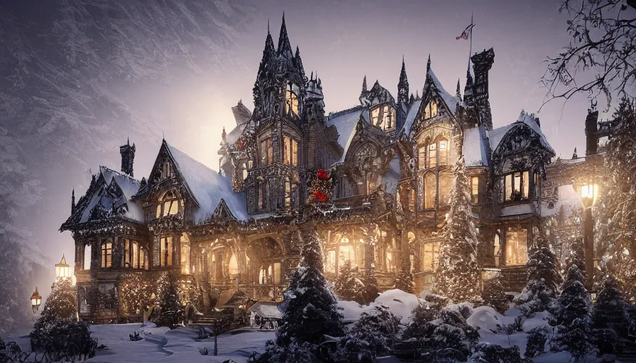 Image similar to Magnificent Neo-Gothic manor with Christmas lights built in the snow-caped mountains at night, hyperdetailed, artstation, cgsociety, 8k