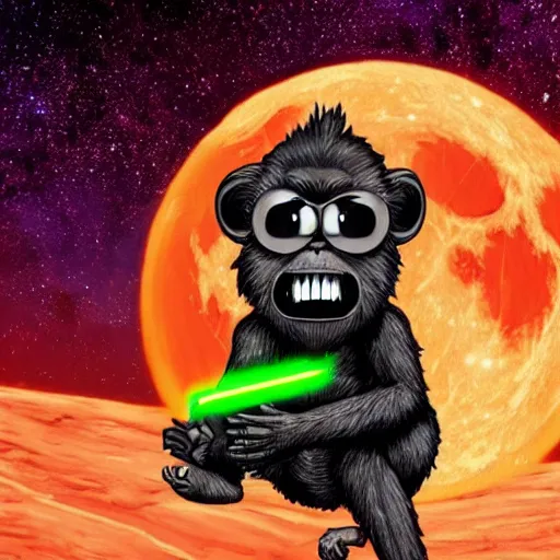 Image similar to a giant monkey eating a banana in the moon, space, night, realistic, fur, star wars style, neon, laser