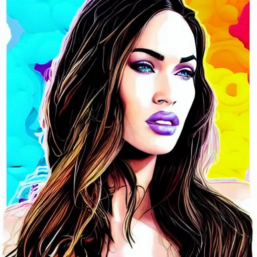 Prompt: megan fox portrait by arunas kacinskas, digital illustration, colorful sketch, pencils, patterns in the background