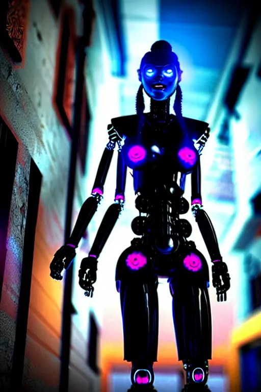 Image similar to a photo close up cyberpunk half robot half girl stands in a cyberpunk cambodian street, at night, photorealistic, cinematic lighting, very detailed, style by tomino - sama