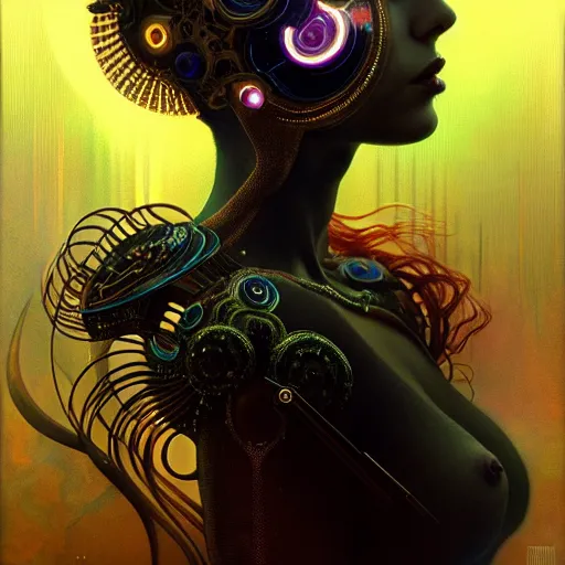 Image similar to extremely psychedelic beautiful cyborg queen of lsd infected by night. intricate, elegant, highly detailed, extremely lifelike photorealistic digital painting, artstation. steichen, gaston bussiere, tom bagshaw, cyberpunk alphonse mucha. elegant minimalism. anatomically correct. sultry. sharp focus. black. surreal lush hallucination