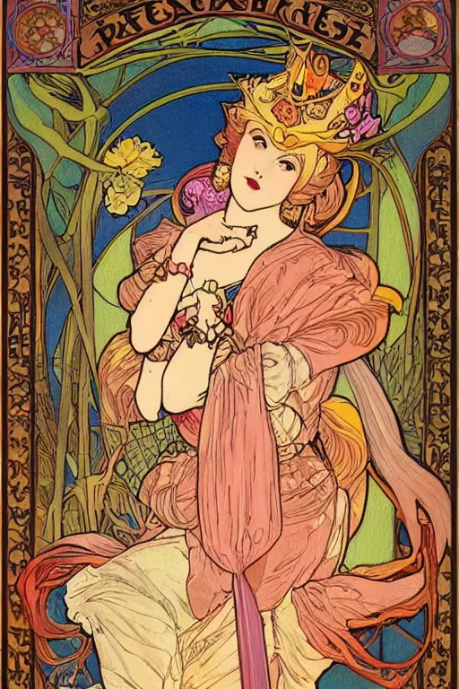 Prompt: full length painting of princess peach art nouveau, tarot card by mucha, gaudy colors, sharp edges, intricate linework.