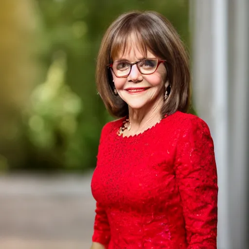 Image similar to dslr portrait still of sally field wearing a beautiful red dress, 8 k 8 5 mm f 1. 4