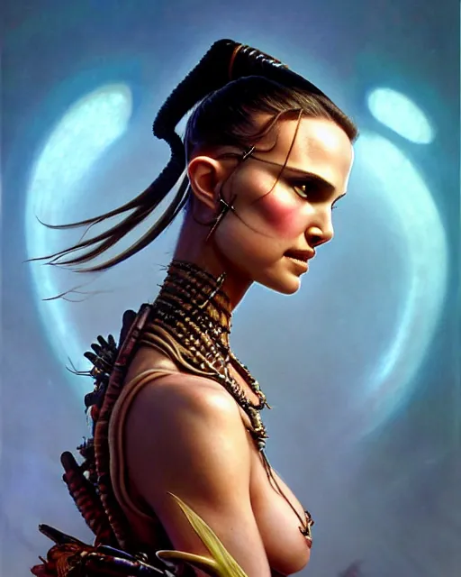 Prompt: natalie portman as a naʼvi from avatar fantasy character portrait, ultra realistic, wide angle, intricate details, blade runner artifacts, highly detailed by peter mohrbacher, boris vallejo, hajime sorayama aaron horkey, gaston bussiere, craig mullins