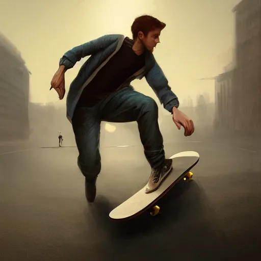 Image similar to a man skateboarding digital painting, artstation, concept art, soft light, hdri, smooth, sharp focus, illustration, intricate, elegant, highly detailed, matte painting, in the style of Greg Rutkowski, 8k, highly detailed