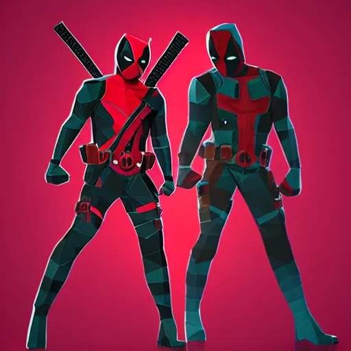 Image similar to the low poly deadpool twins are at a party but no one is dancing, low poly style, video game art, trending on artstation, photograph