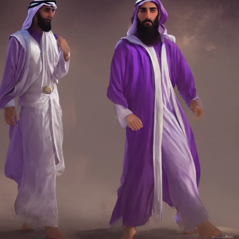 Prompt: Arabic male young adult with long beard and purple glimmering robes, hyperrealistic white lighting, treanding on artstationhq