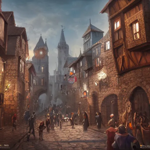 Prompt: The bustling streets of a medieval town, fantasy illustration, high fantasy, 8k render, trending on artstation, widescreen, masterpiece