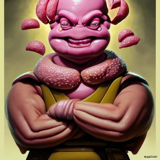 Image similar to portrait of krang from tmnt eating hamburgers, extra onions and ketchup, luscious patty with sesame seeds, feminine ethereal, handsome, d & d, fantasy, intricate, elegant, highly detailed, digital painting, artstation, concept art, matte, sharp focus, illustration, art by artgerm and greg rutkowski and alphonse mucha