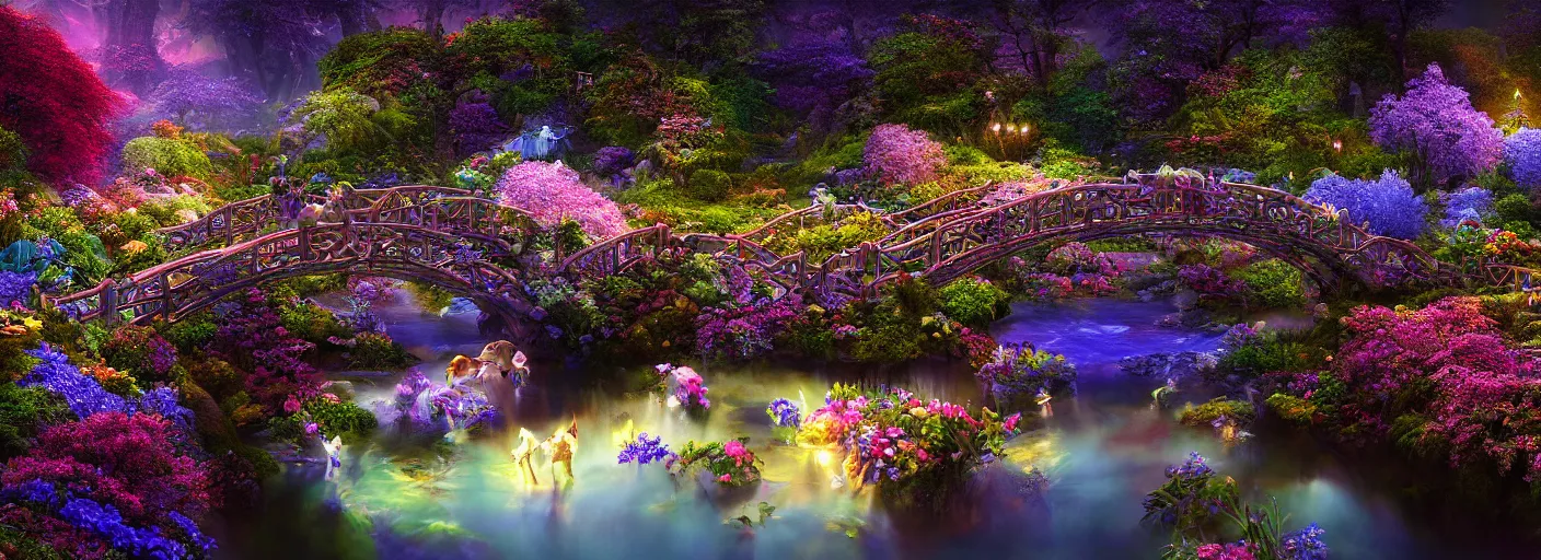 Image similar to photograph of enchanted garden, blue river in the middle, 1 glowing bridge crossing river, mystical fairies swooping around bridge, flowers with intricate detail, by marc adamus, highly detailed, intricate detail, cinematic lighting