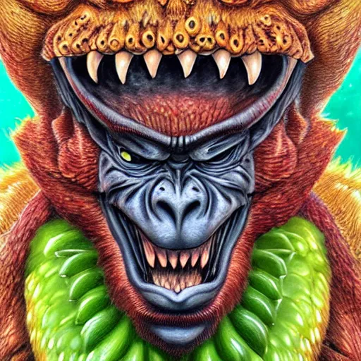 Prompt: an fruit ape monster, menacing expression, nature themed, 4 k, glowing amber eyes, intricate details, highly detailed, kentaro miura art style