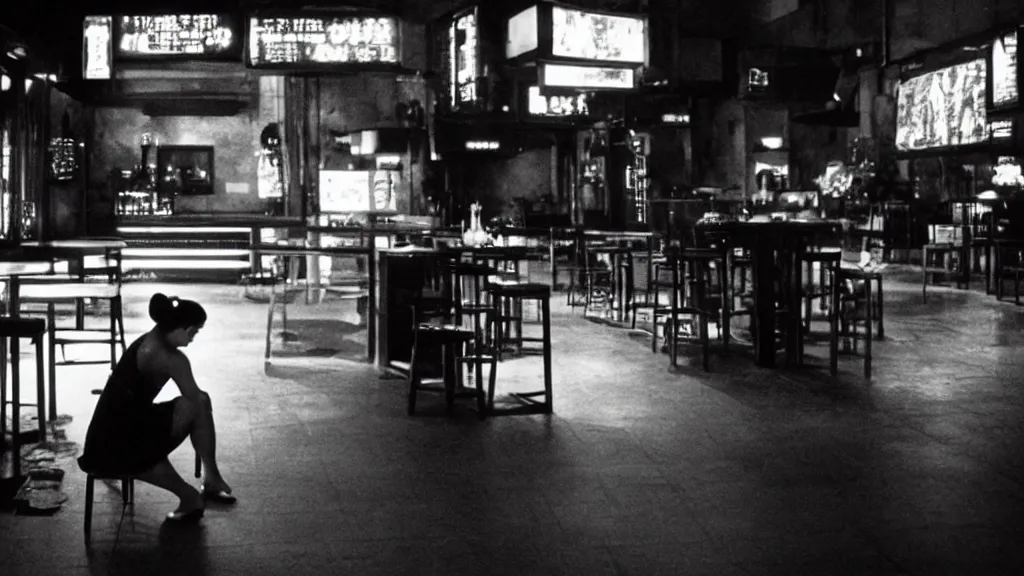 Prompt: Chun-Li sits alone in an empty bar, 35mm film, wide shot, dramatic lighting, chiaroscuro, by Michael Mann, Wong Kar-wai, Tsai Ming-liang