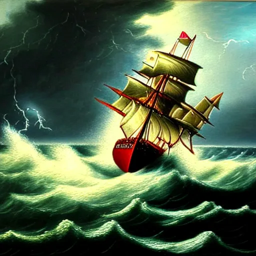 Prompt: a photo realistic oil painting of a galleon caught in a storm with high waves and lightning