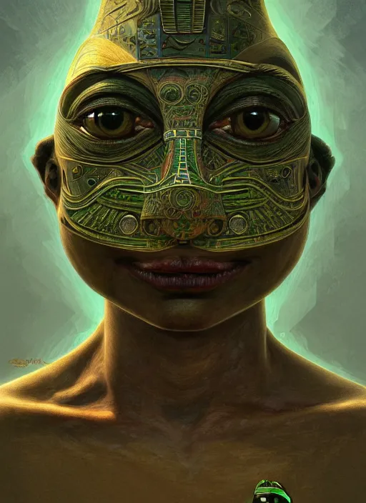 Image similar to 4 chan pepe, ancient egyptian god kek, sad, portrait, intricate, elegant, highly detailed, digital painting, artstation, concept art, wallpaper, smooth, sharp focus, illustration, art by h. r. giger and artgerm and greg rutkowski and alphonse mucha