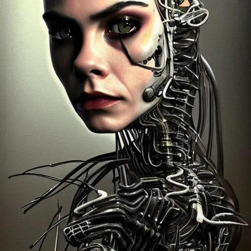 Image similar to Cara Delevigne is an unsettling scary terrifying bio mechanical cyborg post human, physically accurate, very dramatic dynamic lighting, intricate, very very elegant, highly detailed, digital painting, artstation, very hyperrealistic, very very very HR GIGER, very Bensinski, Hieronymus Bosch, Francis Bacon, concept art, smooth, sharp focus, illustration, art by artgerm and greg rutkowski and alphonse mucha