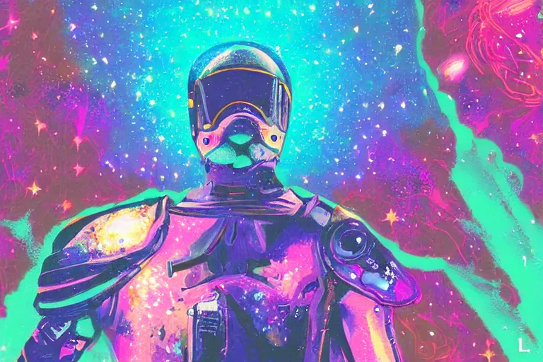 Image similar to digital art of a spiritual gladiator looking up at the stars, acrylic art, universe, painting, pastel colors, synthwave, retro, cyberpunk,