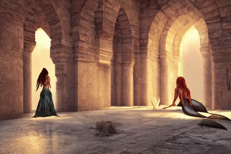 Image similar to the most amazing dream you ever had about a modern mermaid looking at an ancient castle ornated with old arabic script, hyper realistic, ambient lighting, concept art, intricate, hyper detailed, smooth, dynamic volumetric lighting, octane, cinematic