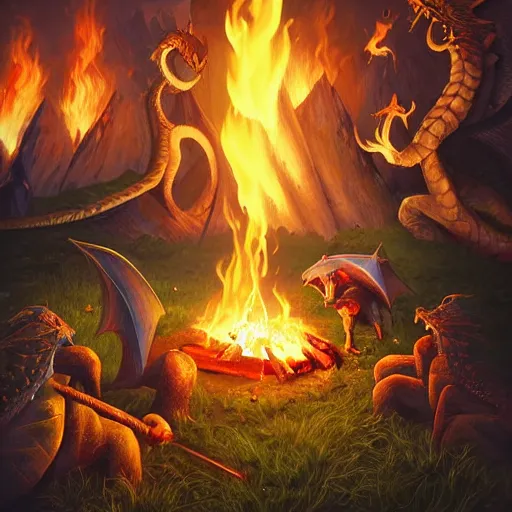 Image similar to dragons roasting kebabs near campfire, fire, magic, power metal album cover, fantasy epic legends game icon stylized digital illustration radiating a glowing aura global illumination ray tracing hdr fanart arstation by ian pesty and katarzyna da „ bek - chmiel