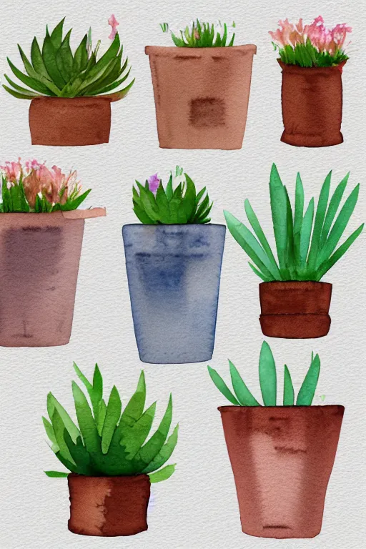 Prompt: minimalist watercolor art of cute flower pots on white background, illustration, vector art