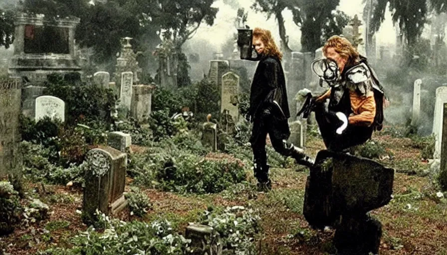 Image similar to 80s movie by James Cameron about a overgrown cemetery where a lavishly dressed necromancer priest in a gas mask