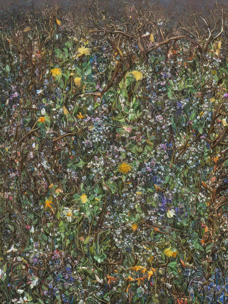 Prompt: a chaotic windy tornado of swirling leaves and wildflowers, intricate details, aesthetically pleasing and harmonious natural colors, art by tiffany bozic, impressionism, detailed, dark