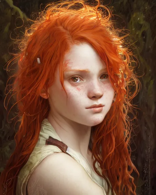 Prompt: portrait of 1 4 - year - old girl with flaming red hair, a lot of freckles, and bright brown eyes, wearing shirt, hyper realistic face, beautiful eyes, fantasy art, in the style of greg rutkowski, intricate, alphonse mucha, hyper detailed, smooth