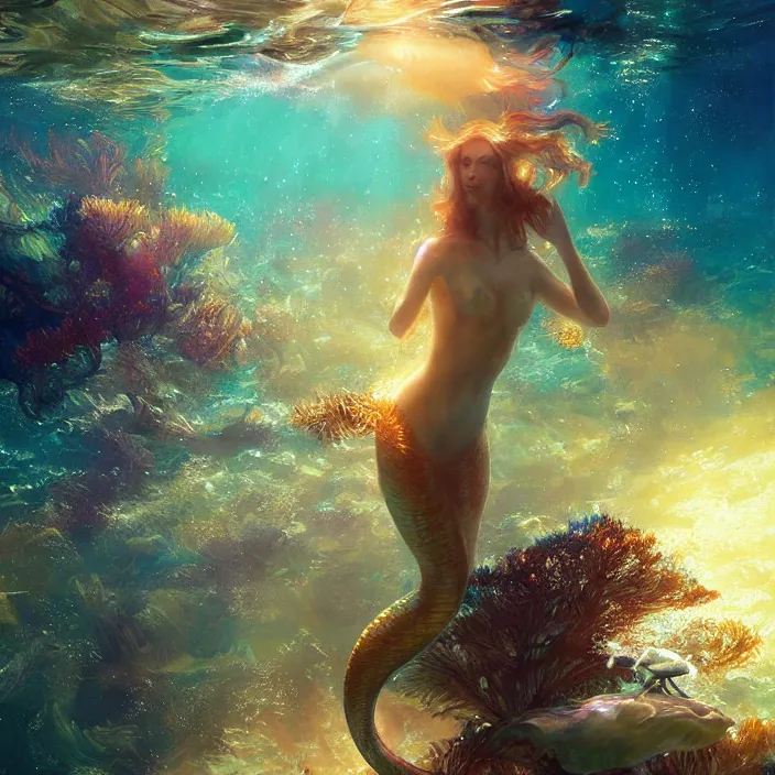 Image similar to glimmering mermaid swimming underwater, golden hour, god rays, coral reef, dreamscape by artgerm and ruan jia and ismail inceoglu and greg olsen, cosmos, milky way galaxy, masterpiece, beautiful, intricate, elegant, highly detailed, palm trees