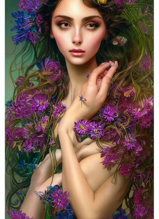 Prompt: beautiful young woman, extremely detailed gorgeous face, sad eyes, sexy body and face, vaporwave aesthetic, synthwave, long luxurious gown, flowers, colorful, psychedelic, intricate, elegant, highly detailed, digital painting, artstation, concept art, smooth, sharp focus, illustration, art by artgerm and greg rutkowski and alphonse mucha