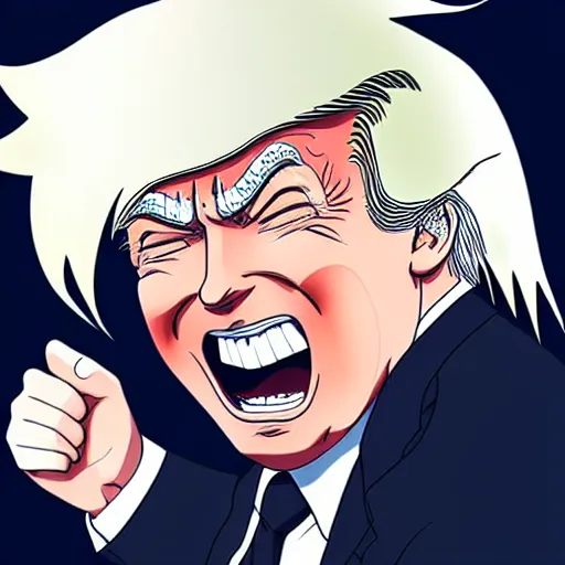 Image similar to anime drawing of Donald trump, thicc, laughing