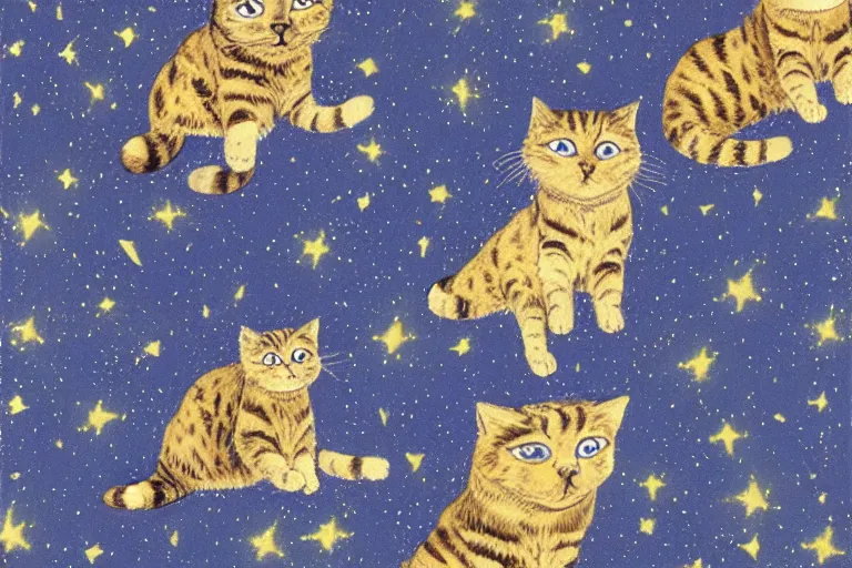 Image similar to night starry sky full of cats, by lous wain and and fernand toussaint