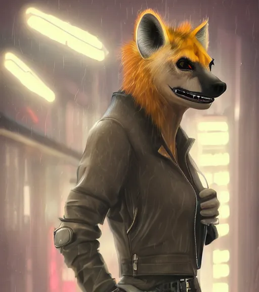 Image similar to digital painting of anthromorphic hyena female smoking cigarrete, fursona, furry fandom, furaffinity, neon rainy cyberpunk setting, anthro, wearing cyberpunk leather jacket, detailed face, blade runner, zootopia style,