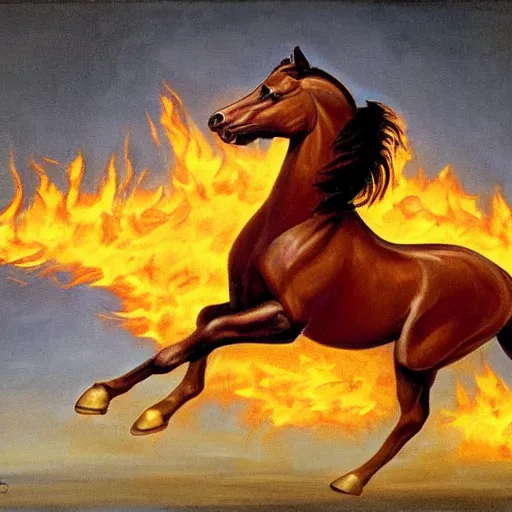 Prompt: an oil pianting of a horse running with fire all around it