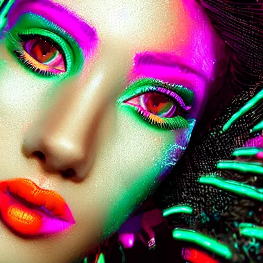 Prompt: A close-up of a beautiful girl with a surreal makeup full of colors and stripes, octane render, details visible, cyberpunk vibes, neons on the background