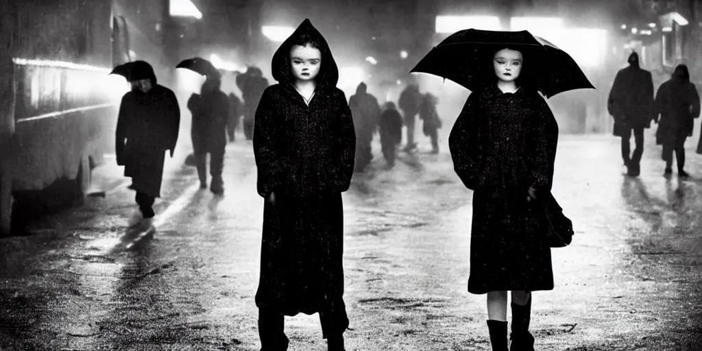 Image similar to night scene, sadie sink in hoodie sits sells umbrellas on city corner, pedestrians ignore her : grainy b & w 1 6 mm film, 2 5 mm lens, single long shot from schindler's list by steven spielberg. cyberpunk, steampunk. cinematic atmosphere and composition, detailed face, perfect anatomy