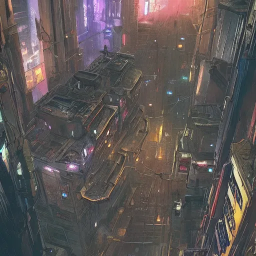 Image similar to rpg battlemap of a cyberpunk city, greg rutkowski, dramatic lighting, overhead, beautiful lighting