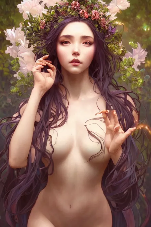 Image similar to a seductive nature goddess with perfect hands and glowing skin in the style of artgerm, wlop, greg rutkowski, alphonse mucha and ayami kojima, realistic details, volumetric lighting, very very very very beautiful symmetrical face, trending on artstation, artstationhd, artstationhq, unreal engine, 4 k, 8 k