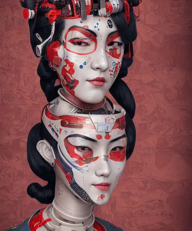 Image similar to an epic fantastic realism comic book style portrait painting of a japanese robotic geisha with kanji tattoos and decals, apex legends, octane render, intricate detail, 4 k hd,