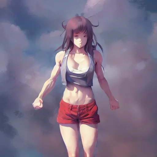 Image similar to anime girl in shorts with muscles, highly detailed, muscular, digital art, pixiv fanbox, artstation, by greg rutkowski, wlop, miyazaki hayao