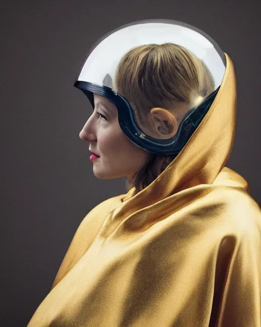 Prompt: a woman's face in profile, wearing a glass space helmet with brass controls and a cloak, in the style of the dutch masters and gregory crewdson, dark and moody